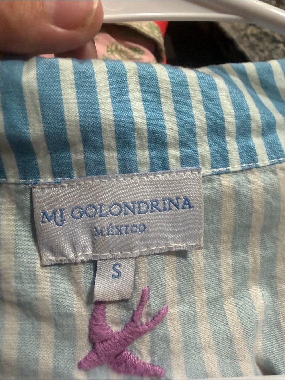 Mi Golondrina Blue White Stripe Embroidered Floral Tunic Top Small Boho - Picture 6 of 6